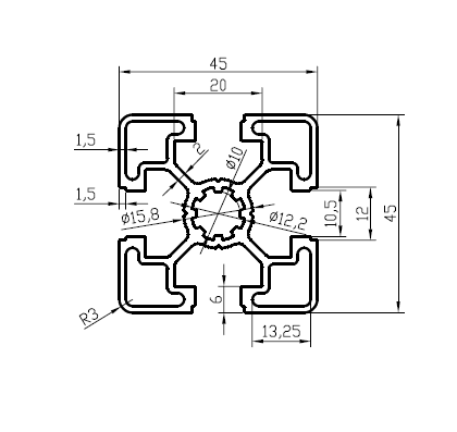 Perfil 45x45 Alumínio Estrutural - Cor Na...
