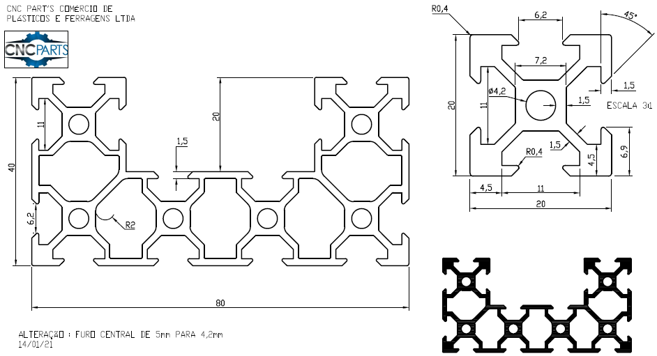 Perfil 40x80 C-Beam V-slot Alumínio Estru...