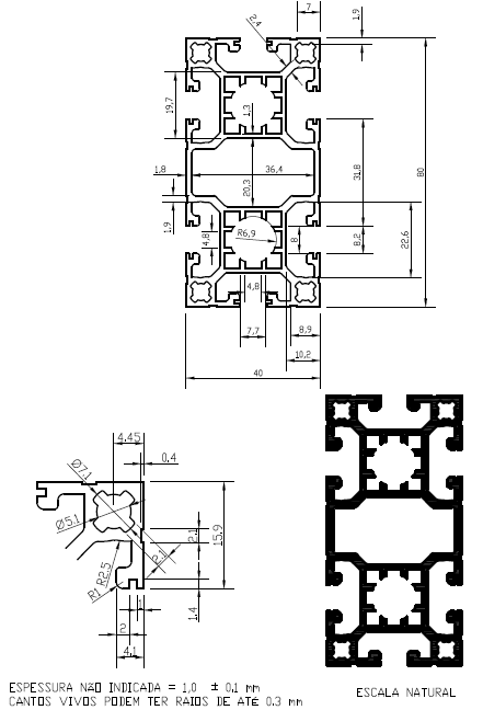 Perfil 40x80 Alumínio Estrutural - Cor Preto
