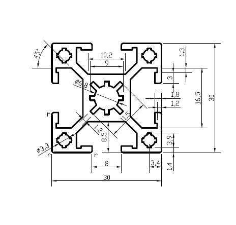 Perfil 30x30 Alumínio Estrutural - Cor Preto